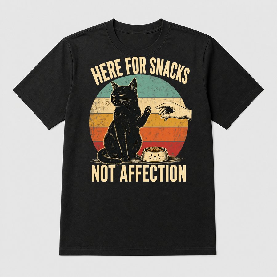 Here For Snacks Not Affection Black Cat Retro — funny cat tee