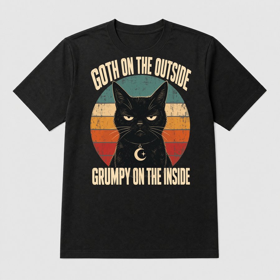 Goth Outside Grumpy Inside Black Cat Retro — funny cat tee