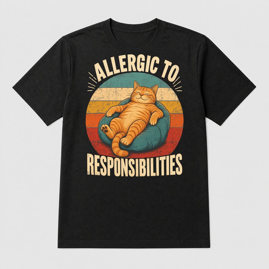 Allergic To Responsibilities Lazy Cat Retro — funny cat tee
