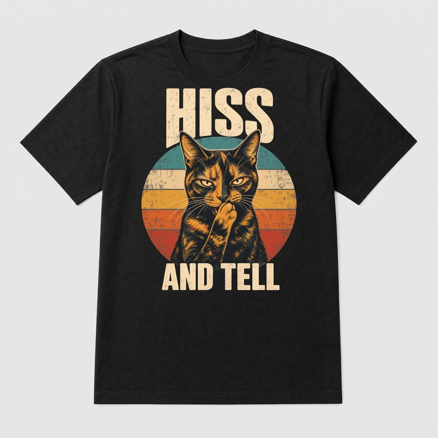 Hiss And Tell Gossip Cat Retro Design — funny cat tee