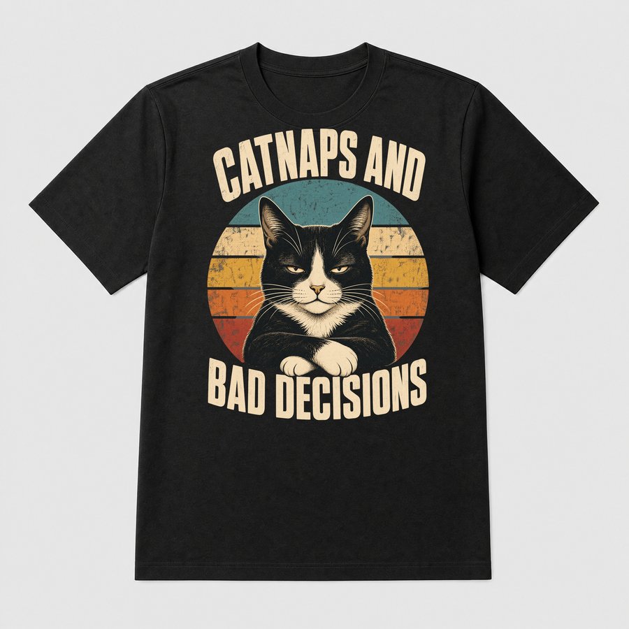 Catnaps And Bad Decisions Tuxedo Cat Retro — funny cat tee