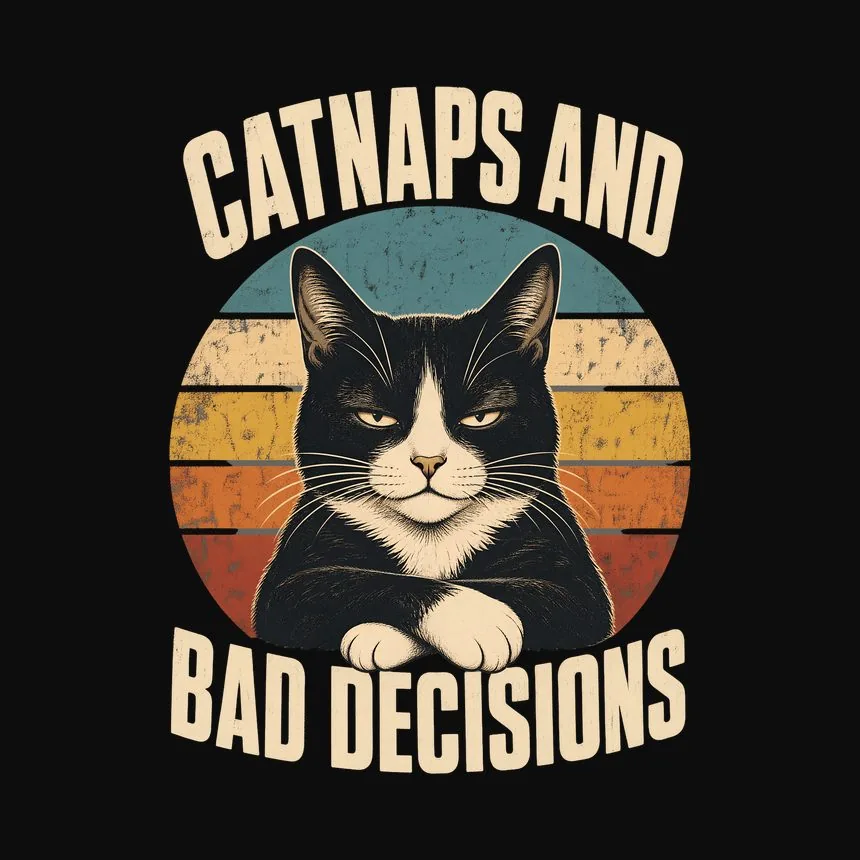 Catnaps And Bad Decisions Tuxedo Cat Retro — funny cat tee