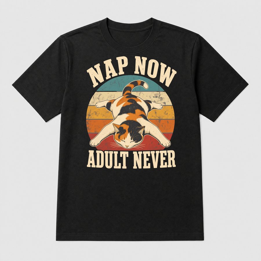 Nap Now Adult Never Lazy Calico Cat Retro — funny cat tee