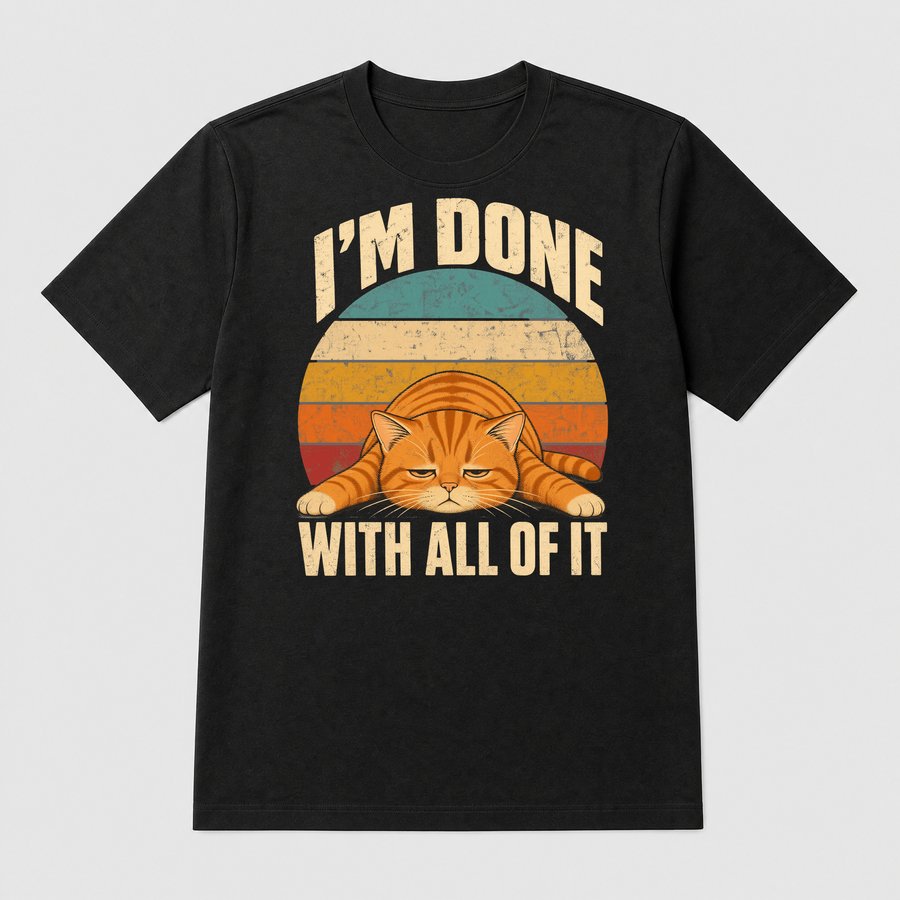 I'm Done With All Of It Lazy Cat Retro — funny cat tee