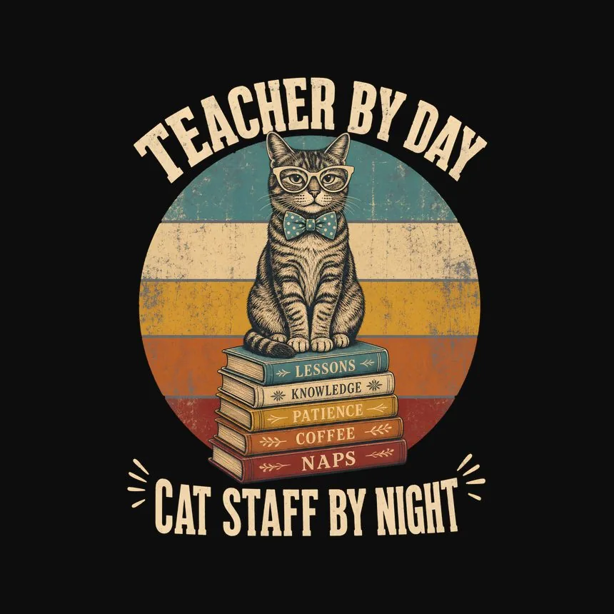 Teacher By Day Cat Staff By Night Retro Cat Design — funny cat tee