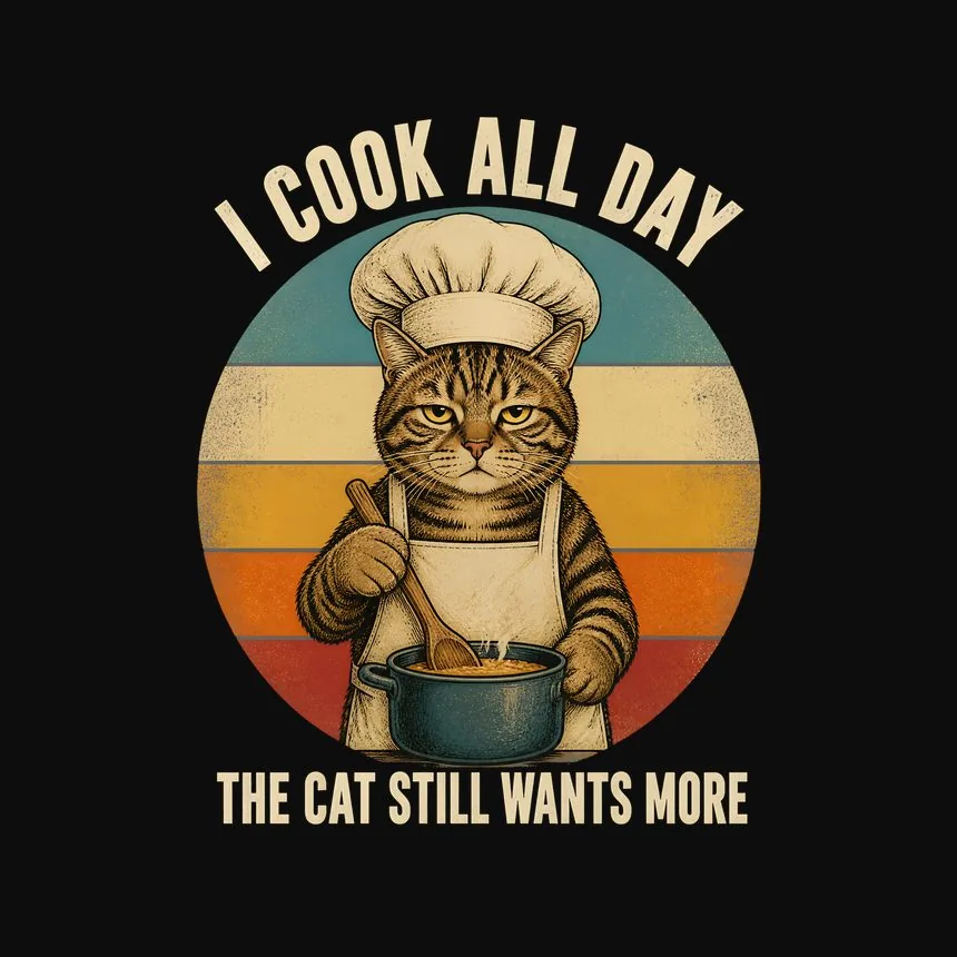 I Cook All Day The Cat Still Wants More Cat On Retro Sunset — funny cat tee