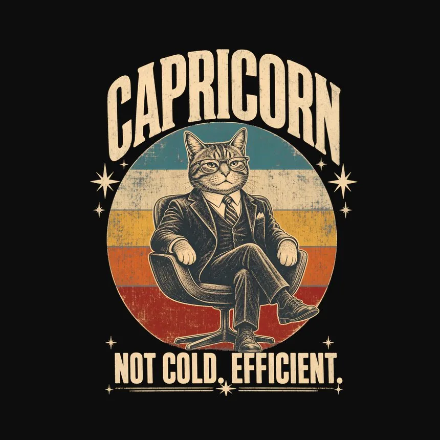 Capricorn Not Cold. Efficient. Retro Cat Design — funny cat tee