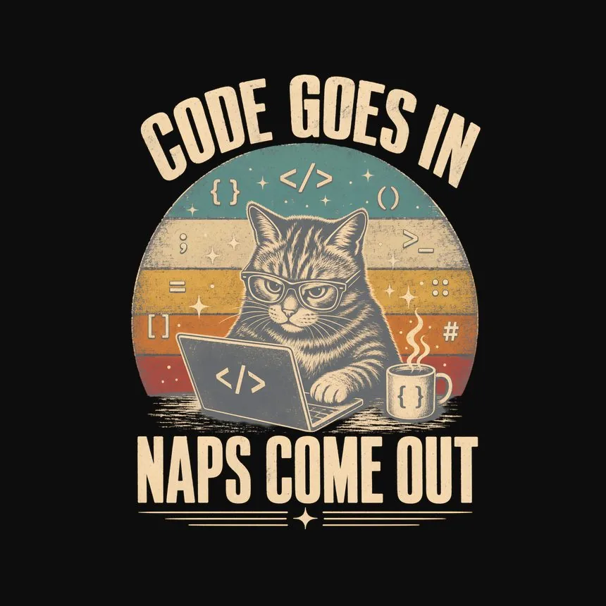 Code Goes In Naps Come Out Retro Cat Design — funny cat tee