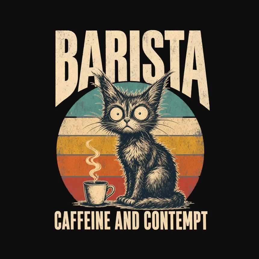 Barista Caffeine And Contempt Retro Cat Design — funny cat tee