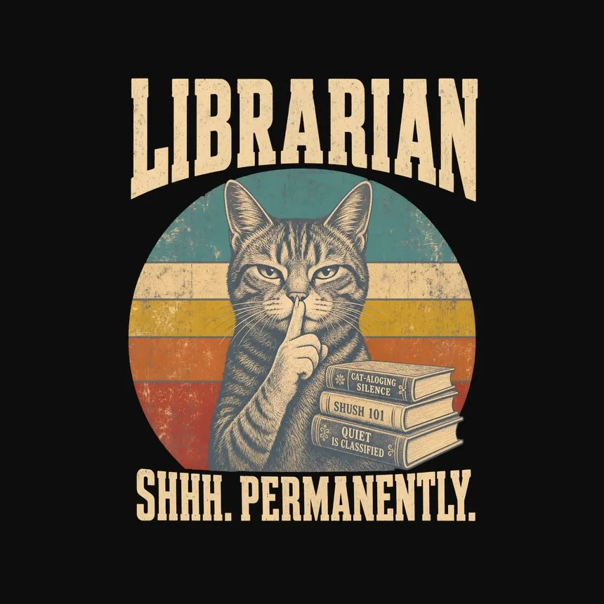 Librarian Shhh. Permanently. Retro Cat Design — funny cat tee
