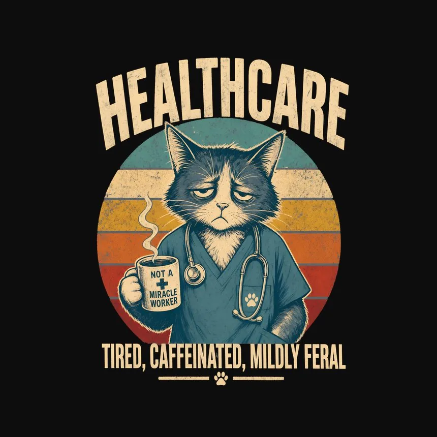 Healthcare Tired, Caffeinated, Mildly Feral — funny cat tee