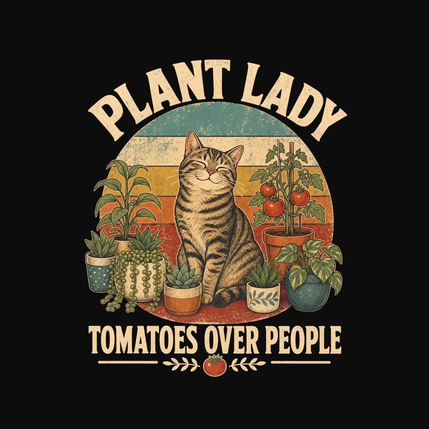 Plant Lady Tomatoes Over People Retro Cat Design — funny cat tee