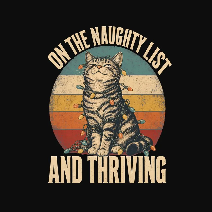 On The Naughty List And Thriving Retro Cat Design — funny cat tee