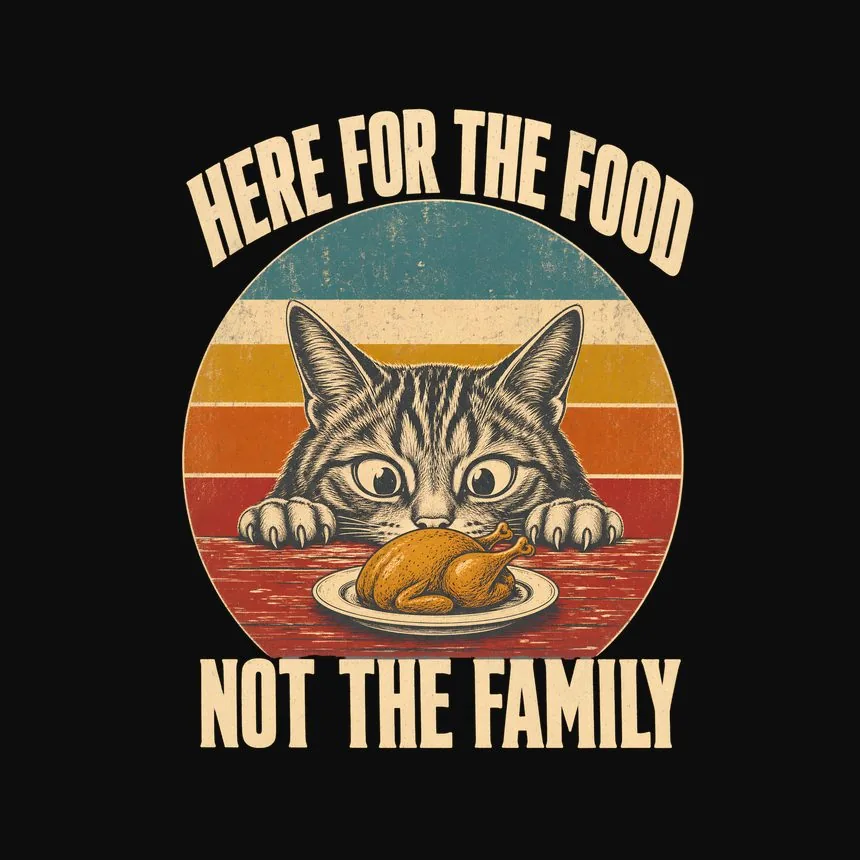 Here For The Food Not The Family Retro Cat Design — funny cat tee