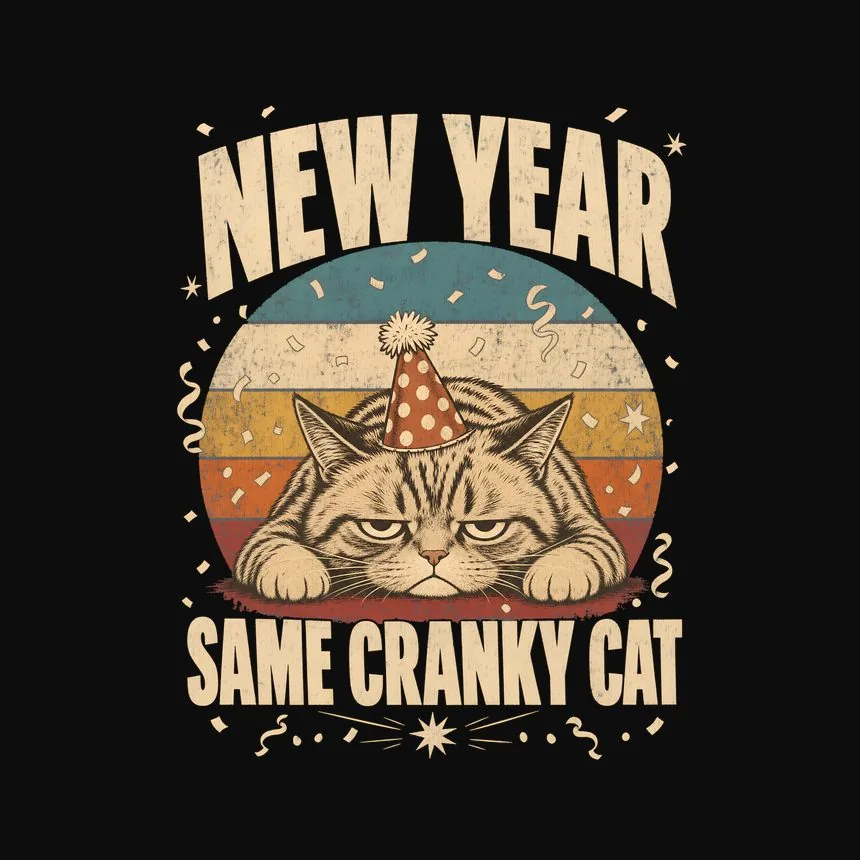 New Year Same Cranky Cat Retro Cat Design — funny cat tee
