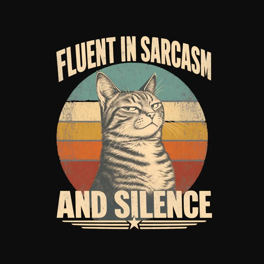 Fluent In Sarcasm And Silence Retro Cat Design — funny cat tee