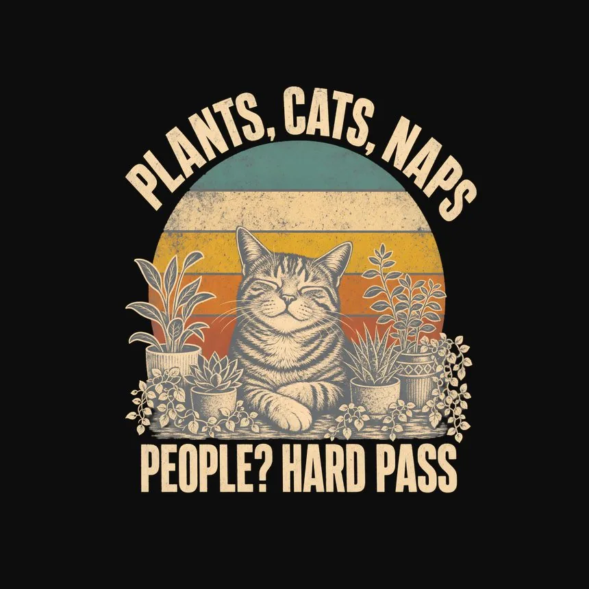 Plants, Cats, Naps People Hard Pass Cat Design — funny cat tee