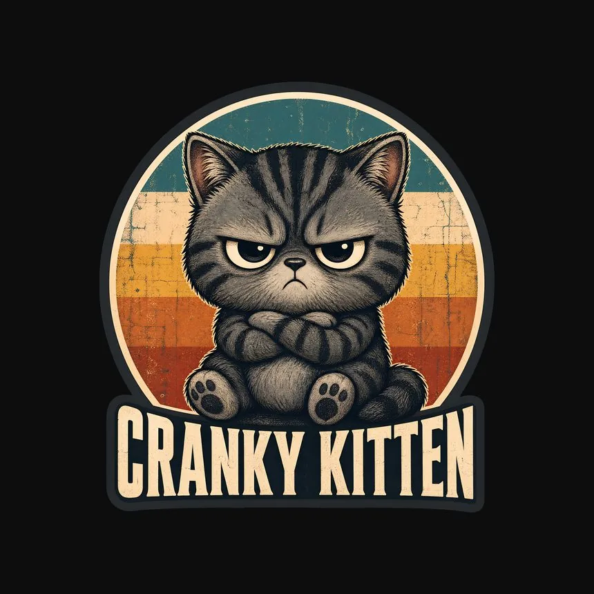 Cranky Kitten Retro Logo — funny cat tee
