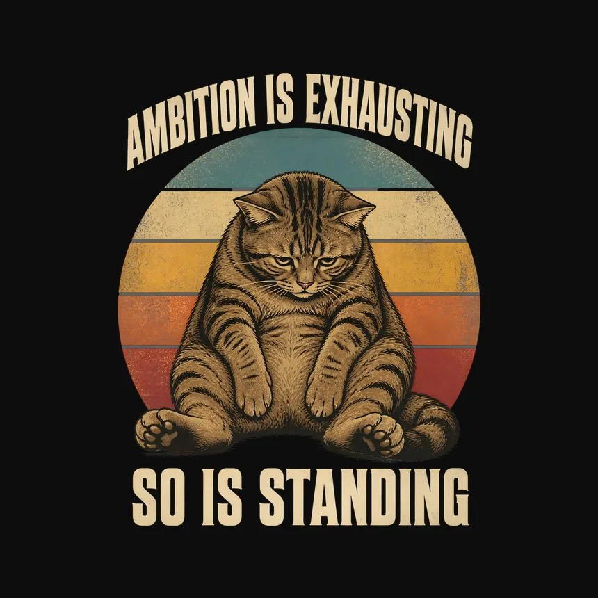Ambition Is Exhausting So Is Standing Cat On Retro Sunset — funny cat tee
