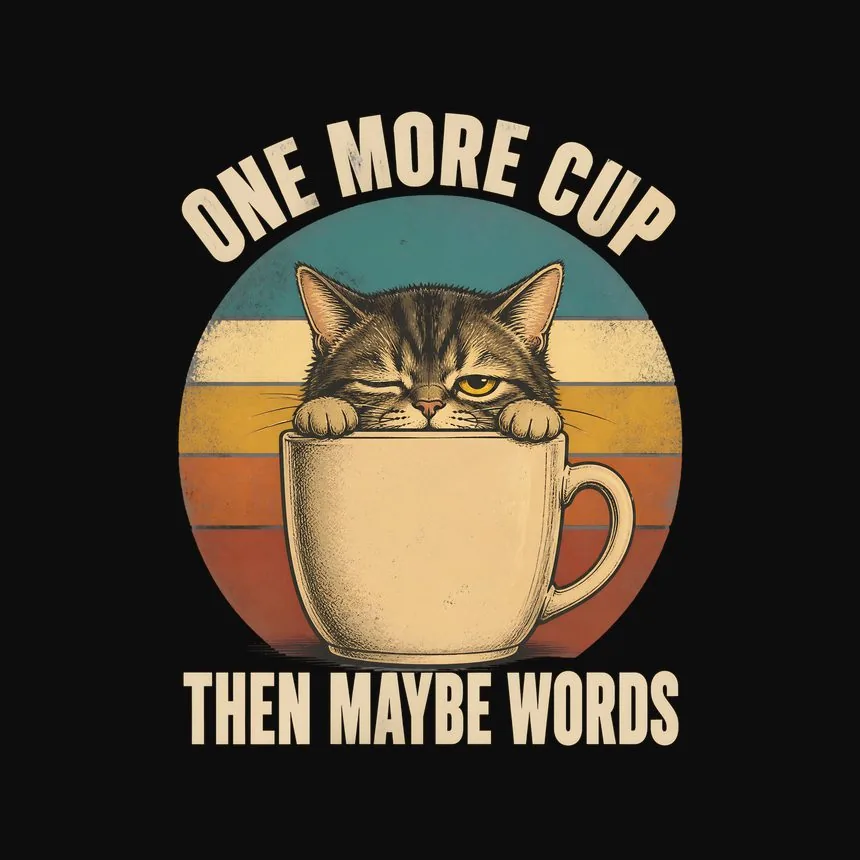 One More Cup Then Maybe Words Cat On Retro Sunset — funny cat tee