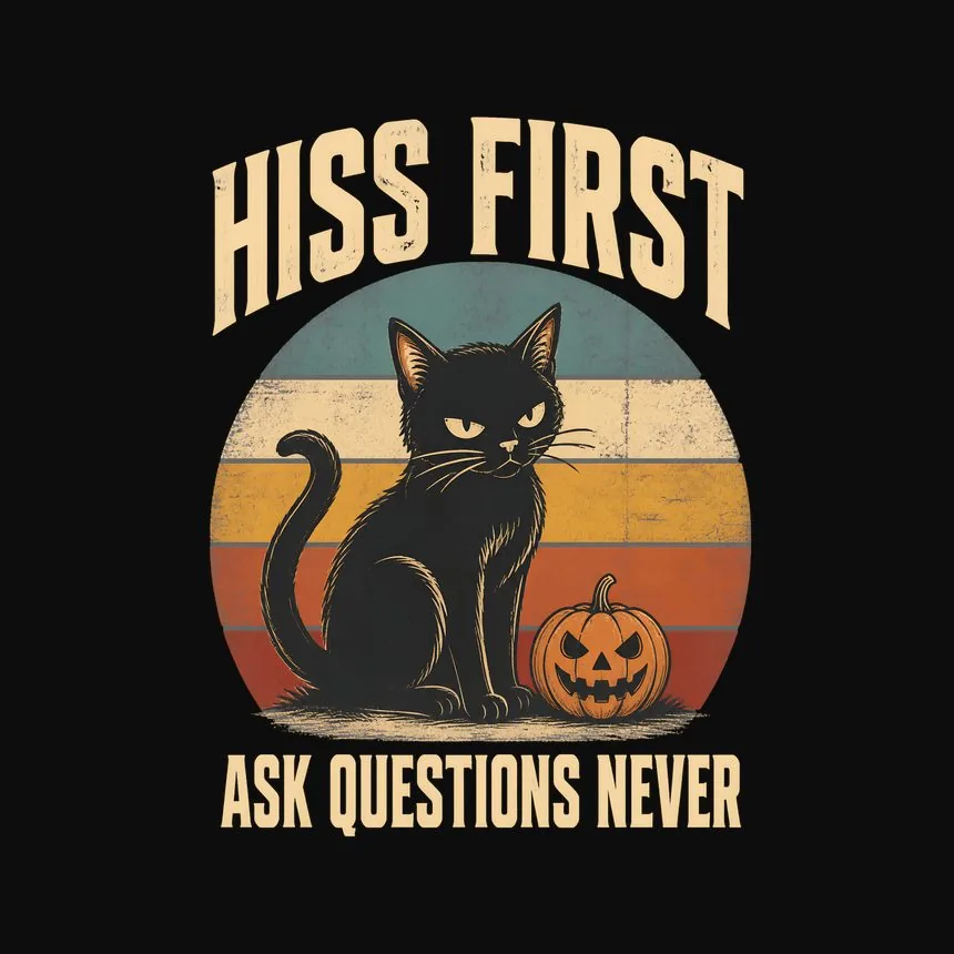 Hiss First Ask Questions Never Halloween Cat — funny cat tee