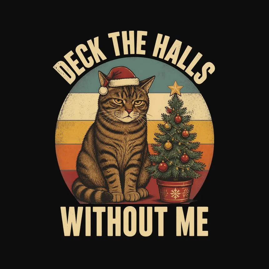 Deck The Halls Without Me Naughty Xmas Cat On Retro Sunset — funny cat tee