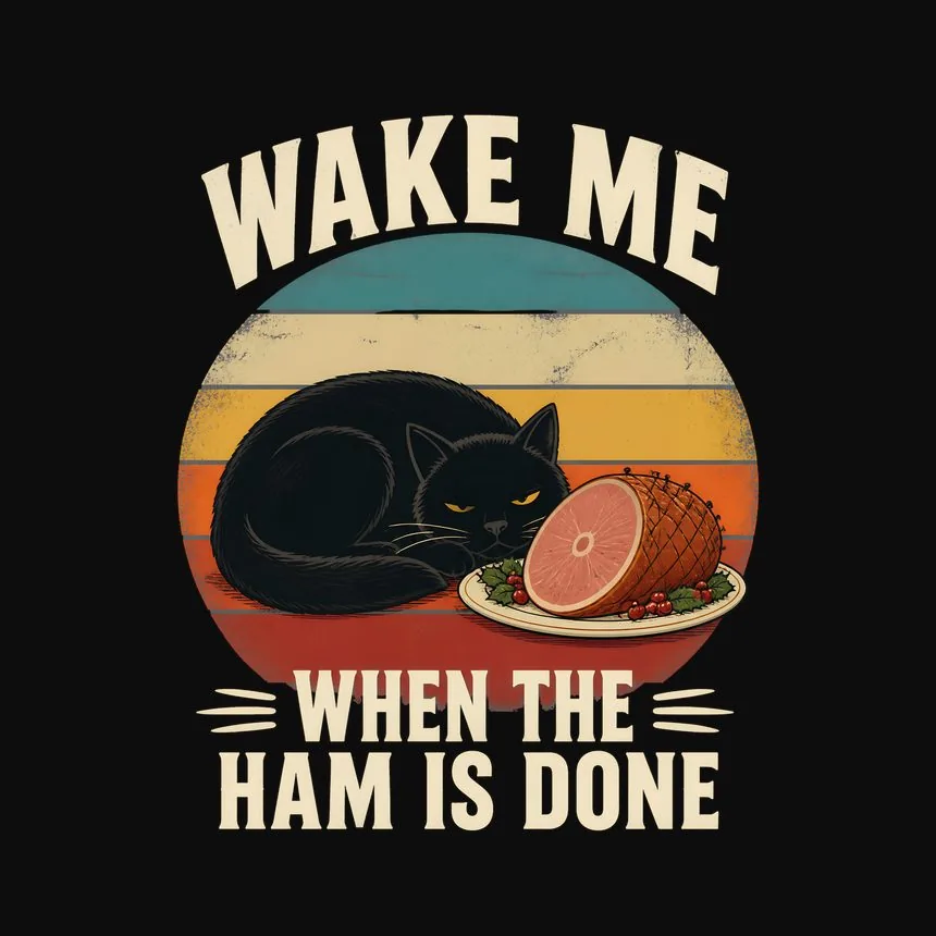 Wake Me When The Ham Is Done Holiday Cat On Retro Sunset — funny cat tee