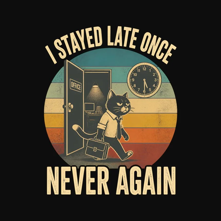 Stayed Late Once Never Again Cat — funny cat tee
