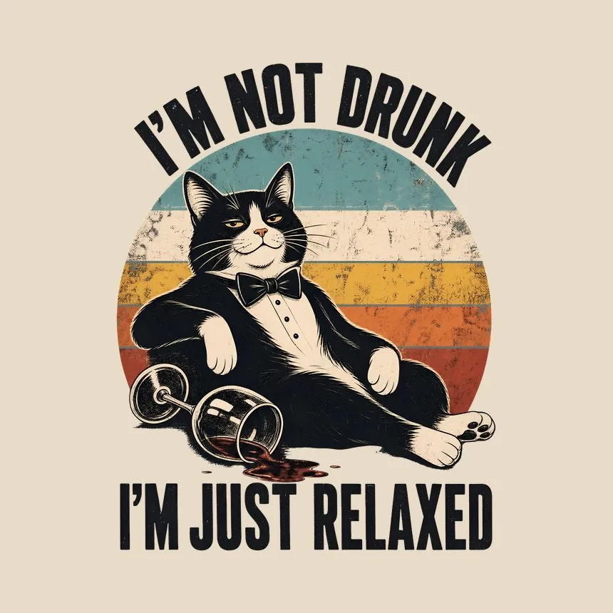 I'm Not Drunk Just Relaxed Wine Cat Retro — funny cat tote bag