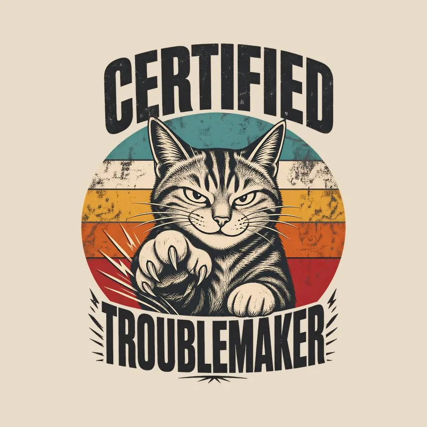 Certified Troublemaker Sneaky Cat Retro — funny cat tote bag