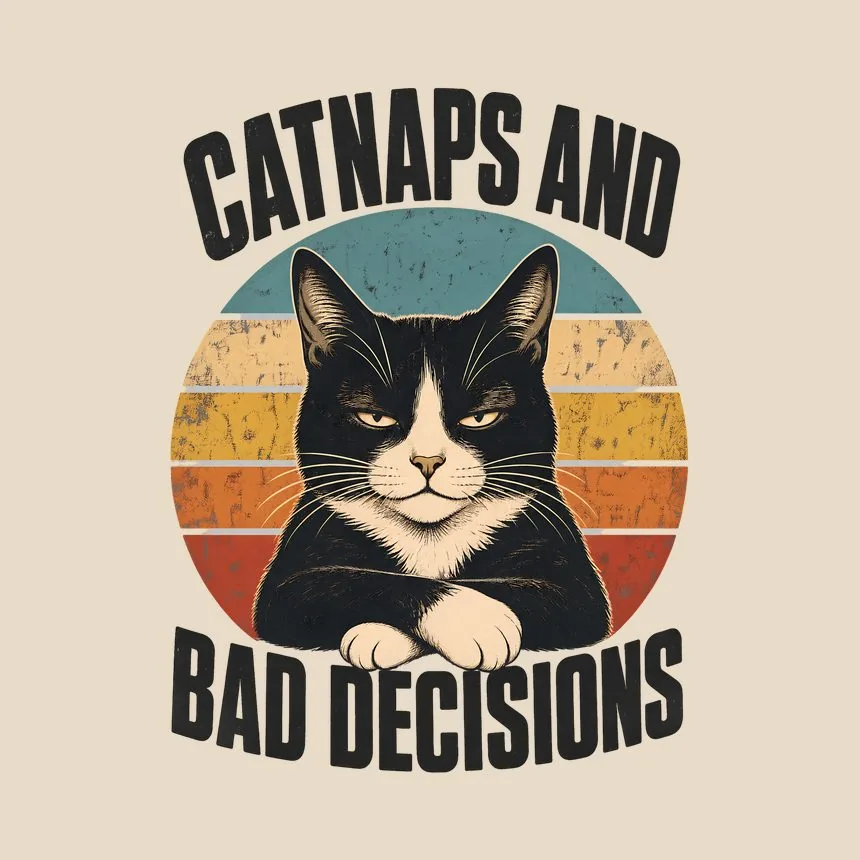 Catnaps And Bad Decisions Tuxedo Cat Retro — funny cat tote bag