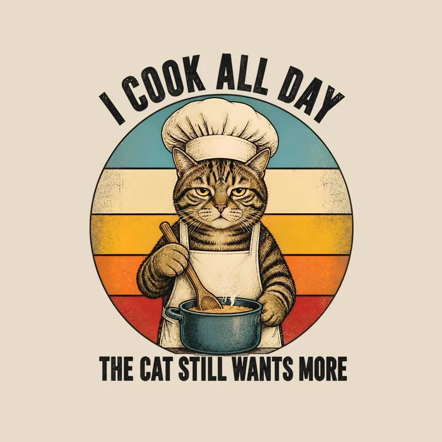 I Cook All Day The Cat Still Wants More Cat On Retro Sunset — funny cat tote bag
