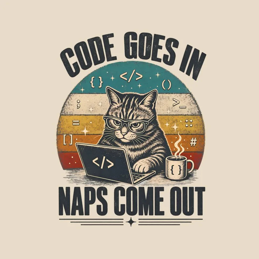 Code Goes In Naps Come Out Retro Cat Design — funny cat tote bag