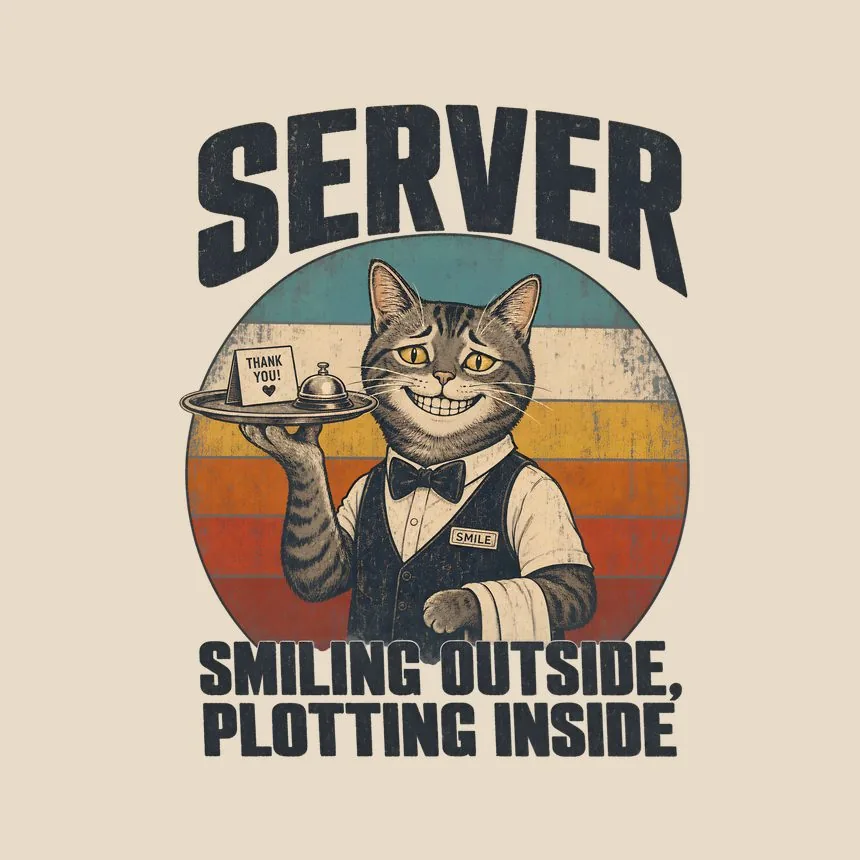 Server Smiling Outside, Plotting Inside Cat Design — funny cat tote bag