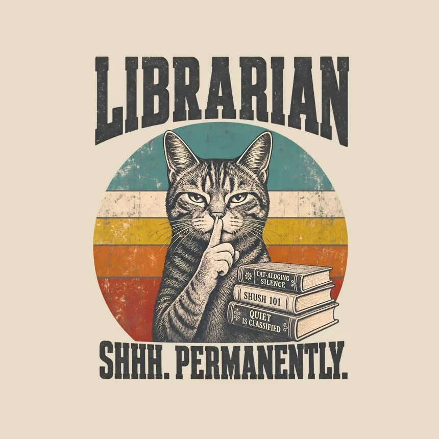 Librarian Shhh. Permanently. Retro Cat Design — funny cat tote bag