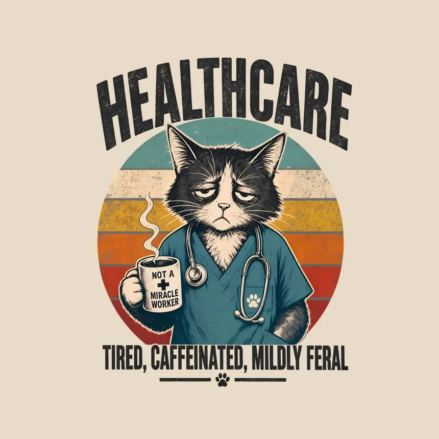 Healthcare Tired, Caffeinated, Mildly Feral — funny cat tote bag
