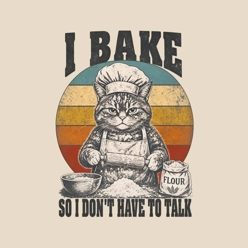 I Bake So I Don'T Have To Talk Retro Cat Design — funny cat tote bag