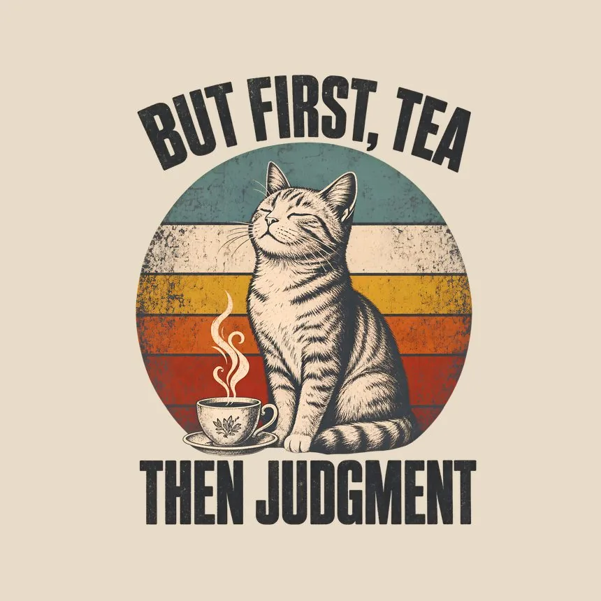 But First, Tea Then Judgment Retro Cat Design — funny cat tote bag