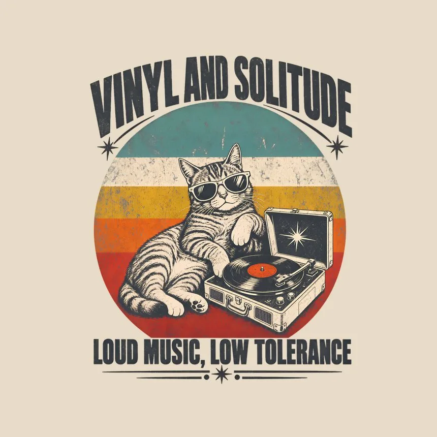 Vinyl And Solitude Loud Music, Low Tolerance — funny cat tote bag