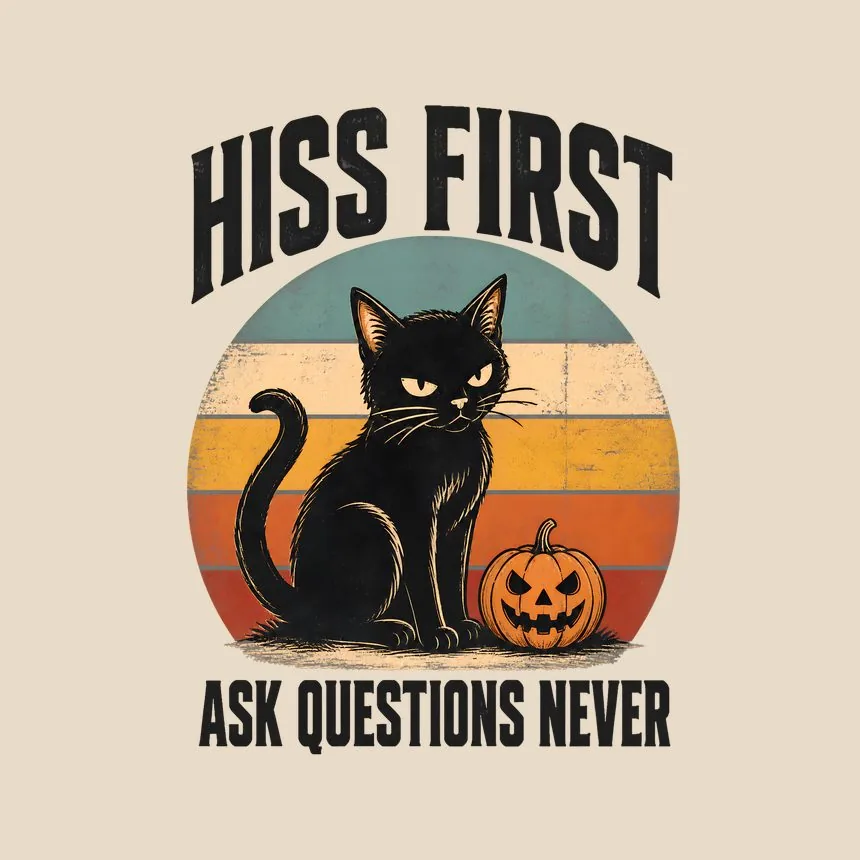 Hiss First Ask Questions Never Halloween Cat — funny cat tote bag