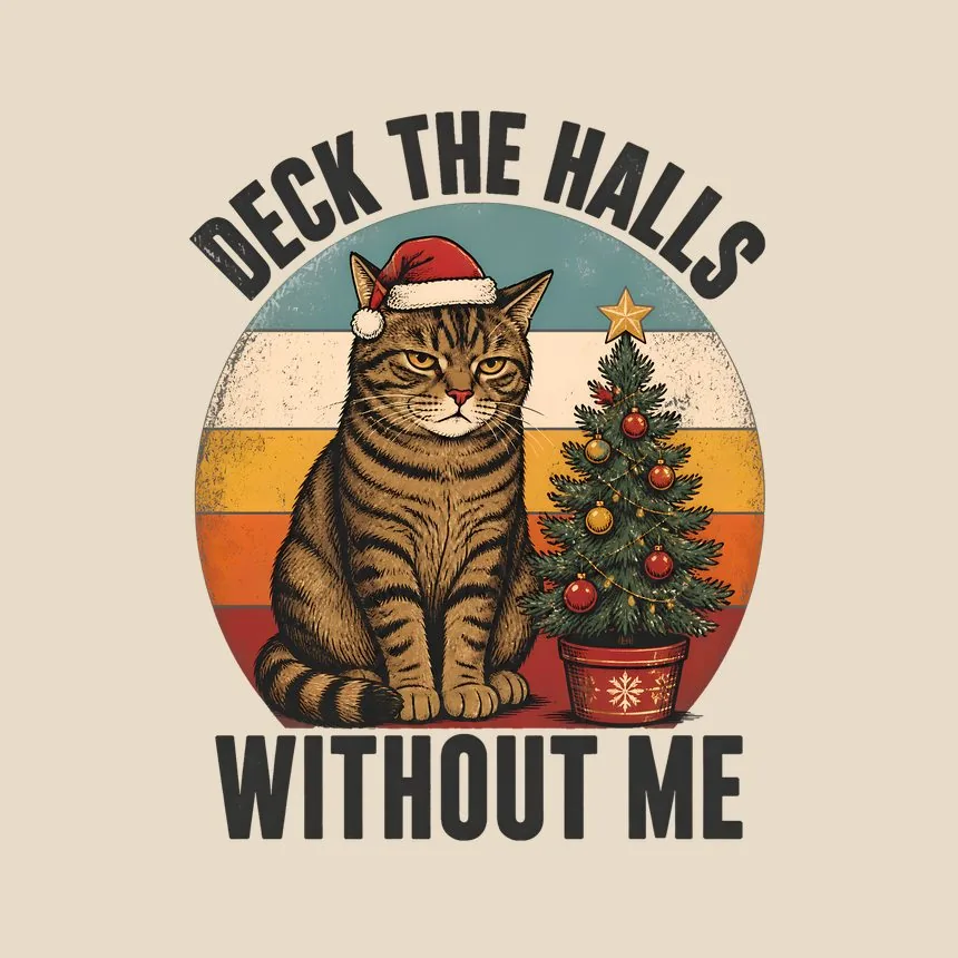 Deck The Halls Without Me Naughty Xmas Cat On Retro Sunset — funny cat tote bag
