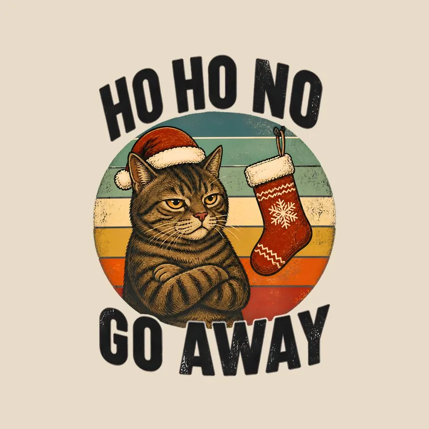 Ho Ho No Go Away Deadpan Santa Cat On Retro Sunset — funny cat tote bag