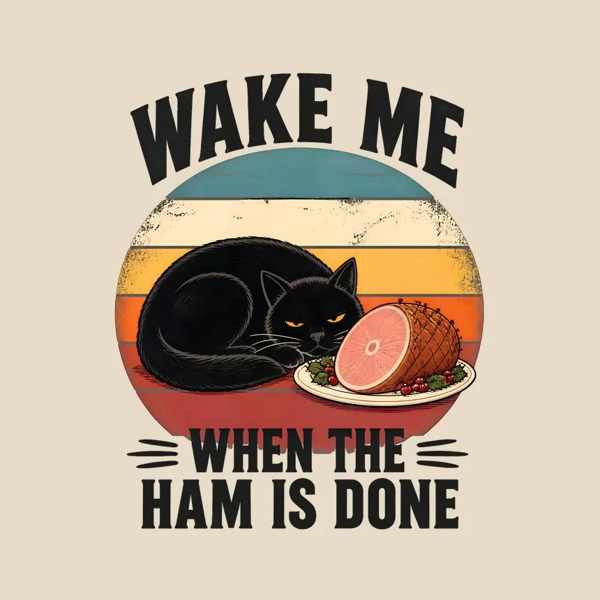 Wake Me When The Ham Is Done Holiday Cat On Retro Sunset — funny cat tote bag