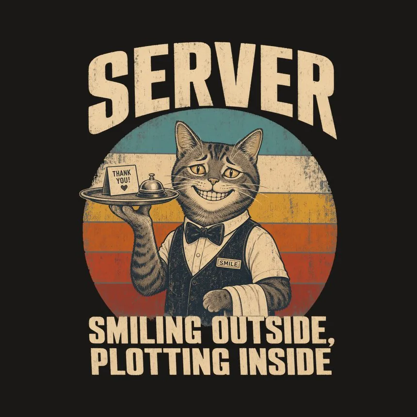 Server Smiling Outside, Plotting Inside Cat Design — funny cat tumbler