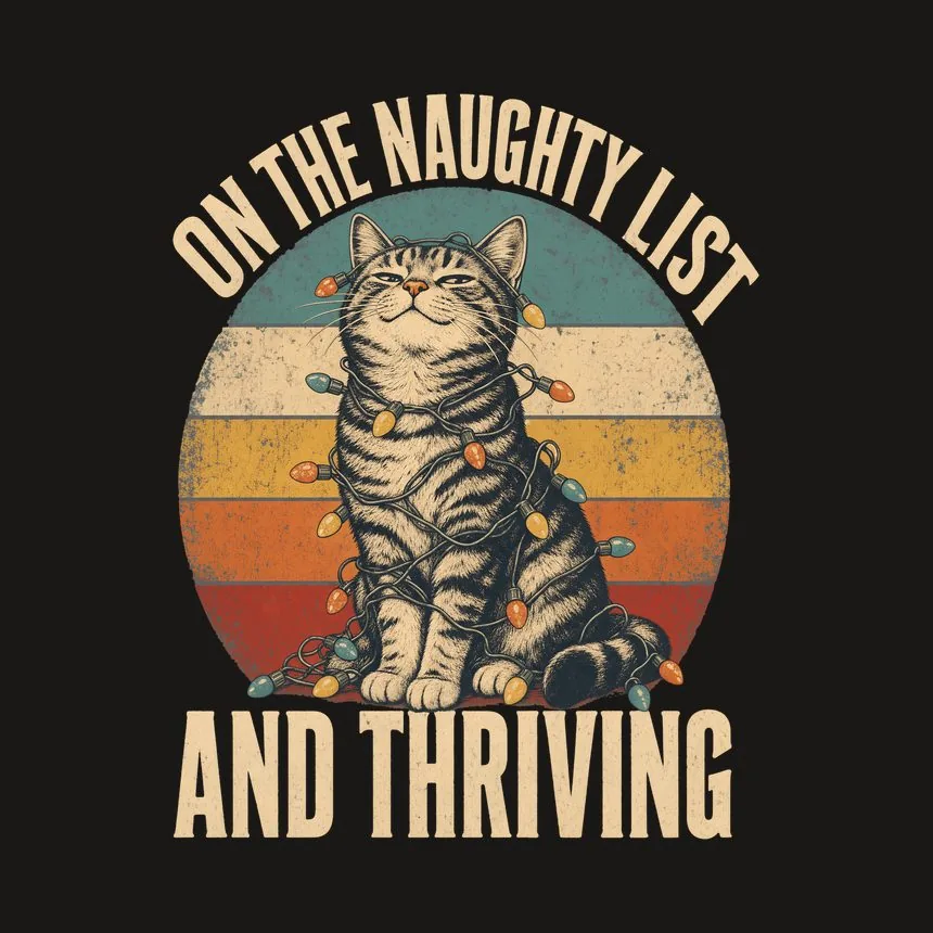 On The Naughty List And Thriving Retro Cat Design — funny cat tumbler